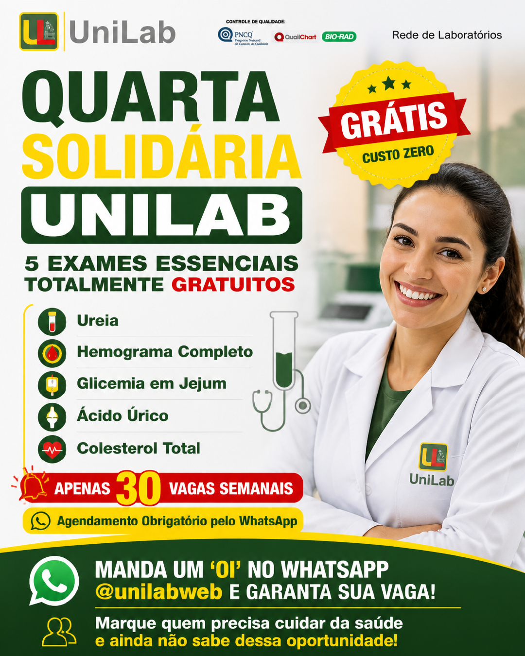 Campanha Quarta-feira Solidária do UniLab: cinco exames gratuitos toda quarta-feira